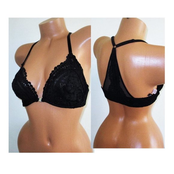 32C Victoria Secret Unlined Demi Bra Racerback Front Close Black lace - Picture 1 of 7